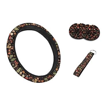 Imagem de Drydeepin Conjunto de capas de volante de caracol de cogumelo de 38 cm para mulheres com 2 porta-copos de carro e chaveiro de pulso Boho Cottagecore Conjunto de acessórios para carro antiderrapante capa protetora para volante