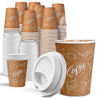 Imagem de JOYEUX Pacote com 100 copos de café descartáveis de 350 ml com tampas, copos de papel de café espessos - Copos quentes para festas, bebidas, chá, chocolate quente, água, suco