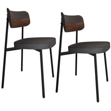 Imagem de Kit 02 Cadeiras Estofada Para Sala De Jantar Astrid Preto C01 Linho Preto Courino Whisky - Lyam Decor