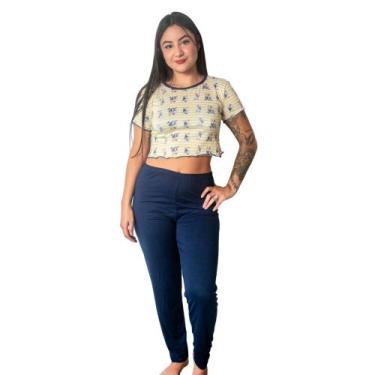 Imagem de Pijama Cropped Estampa Personagem Calça Lisa Confortável Adulto Moda N