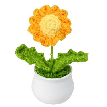Imagem de JWlock Mini vaso feito à mão - flores artificiais de crochê tricotadas à mão para mesa de escritório, painel de carro e mesa de casa - Presente de planta sintética minúscula, sem manutenção (amarelo)