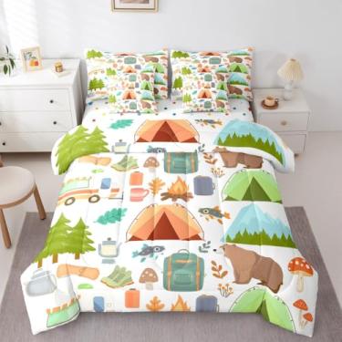 Imagem de Erosebridal Conjunto de edredom fofo de 7 peças, cama king size em uma bolsa, conjunto de cama de acampamento feliz, tema de caça de urso da floresta, acessórios para trailers de viagem, trailers
