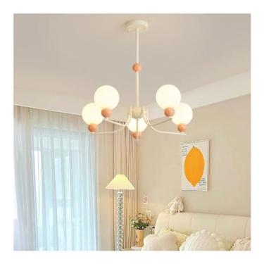 Imagem de Iluminação pendente retrô para sala de estar, 5 luzes de vento creme, luminárias suspensas no teto, sala de jantar - estudo de quarto - lâmpada pendente de ferro e PE luz pendente de meados do século