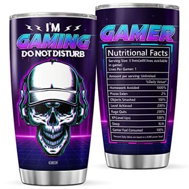 Imagem de CUBICER Copo de café para jogos 590 ml caneca de aço inoxidável de parede dupla para jogadores de jogos crânio gamer presentes para homens marido pai ele em férias de aniversário copos grandes isolados de viagem