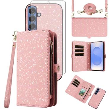 Imagem de Asuwish Capa de telefone para Samsung Galaxy S25 5G Carteira com zíper magnética destacável com protetor de tela de vidro temperado e suporte de glitter, acessórios para celular S 25 25S 25 25S