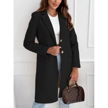 Imagem de Casaco Feminino Médio Longo Tweed - Detalhe de Botão, Cor Sólida, Outo