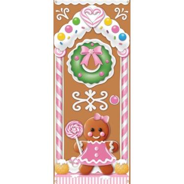 Imagem de Decorações de porta de casa de gengibre rosa de Natal - Faixa de porta de gengibre para decoração de fundo de festa Candyland para decoração interna e externa, 182 × 76 centímetros
