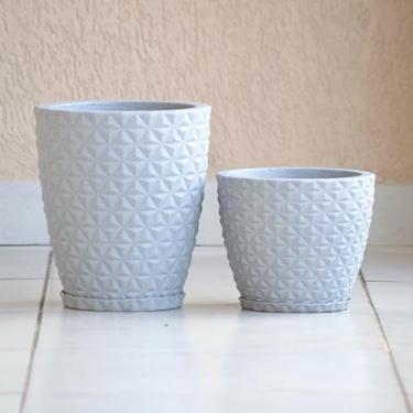 Imagem de Kit Jogo 2 Vasos para Plantas e Flores Decorativo Coluna Bojo Diamante com Prato em Polietileno (Cinza)
