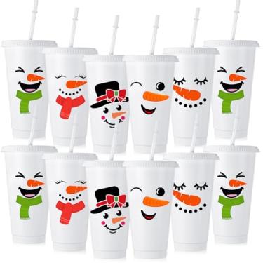 Imagem de FoldTier 12 peças de copos de boneco de neve reutilizáveis de Natal com tampas e canudos de 680 g para adultos copos de plástico para bebidas geladas para festas de presentes de Natal