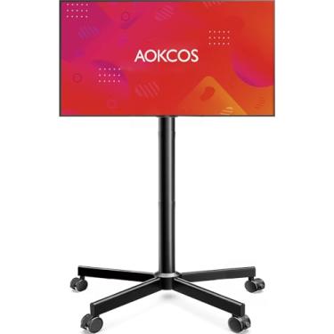 Imagem de AOKCOS Suporte de TV com rodinhas - Suporte de TV móvel sobre rodas para TVs planas/curvas de 81.3-165.1 cm com inclinação, ajuste de altura, carrinho de TV portátil com rodinhas comporta até 40 kg