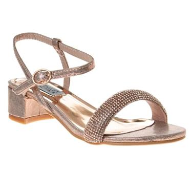 Imagem de Josmo Sandália social elegante para meninas, metálica, tira no tornozelo, salto bloco sandália para crianças pequenas e grandes, Ouro rosa, 19