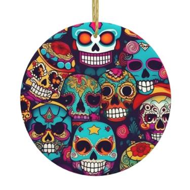 Imagem de Pingentes redondos pendurados de cerâmica de Natal com caveiras de açúcar, pingentes de porcelana, decoração criativa de Natal