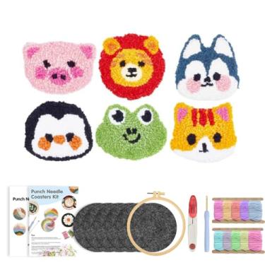 Imagem de Kit de agulhas de perfuração de 6 peças para iniciantes - Conjunto completo de bordado com passador, aro de tecido, fios, suprimentos para fazer tufos e porta-copos DIY, presente de artes e artesanato