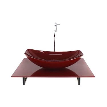 Imagem de KIT CUBA DE VIDRO OVAL CHANFRADA COM TAMPO 60CM VERMELHO CEREJA FULL E SUPORTE PRETO