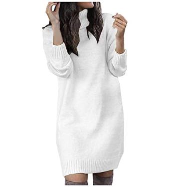 Imagem de Vestido feminino de crochê de tricô slim túnica para mulheres manga longa barco gola tartaruga suéter inverno outono 2023, T-94 Branco, GG