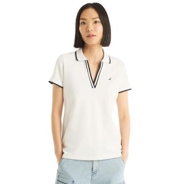 Imagem de Nautica Camisa polo feminina com gola dividida sustentável, Branco óptico, P