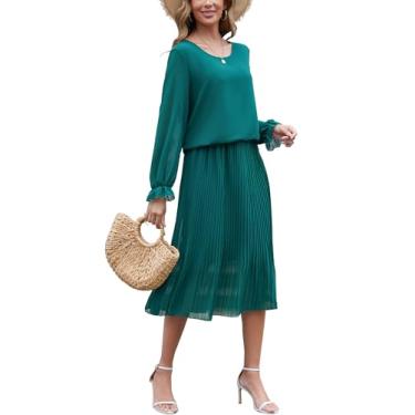 Imagem de LiCot Vestido midi feminino de manga longa: vestido longo floral boho com gola redonda, casual, rodado, outono, chiffon, vestido de noiva plissado, Verde escuro, GG