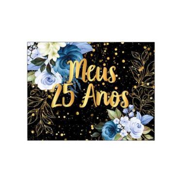 Imagem de Painel de Festa Horizontal 1,55 X 1,20 - Meus 25 Anos Floral Azul Efei