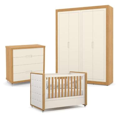 Imagem de Quarto de Bebe 4 Portas Tutto New com Capitonê New Boucle e Gaveteiro Freijó Off White - Matic