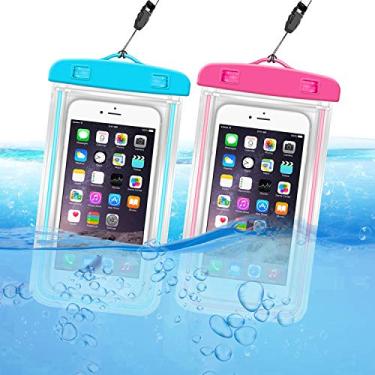 Imagem de ORIbox Bolsa impermeável para celular com ornamento luminoso para iPhone 12 11 Pro Max XS Max XR X 8 7 6S Plus SE 2020 12 mini Galaxy Pixel, azul e rosa vermelho (2 pacotes)