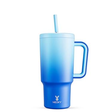 Imagem de Meoky Copo de 850 g com alça, copo com tampa e canudo, caneca de viagem de aço inoxidável isolada, 100% à prova de vazamento, compatível com porta-copos, mantém frio por 24 horas ou quente por 8 horas