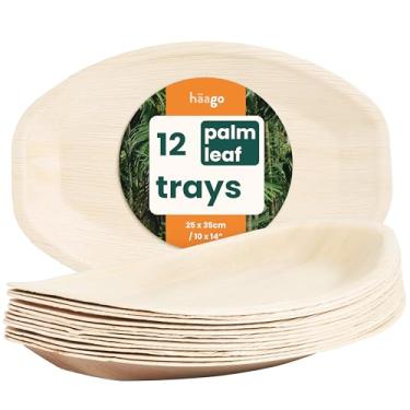 Imagem de HAAGO Pacote com 12 pratos grandes de folha de palmeira, 35 x 25 cm, bandeja de servir de bambu (barco) tábuas de charcutaria descartáveis, bandejas e travessas descartáveis para festas, casamentos e