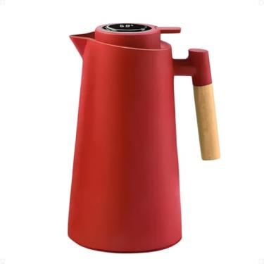 Imagem de Garrafa Térmica Com Termômetro Digital LED, Cabo De Madeira Premium, Parede Dupla, Mantém Bebidas Quentes Ou Frias Por Horas, Ideal Para Café, Chá, Água, Design Moderno E Minimalista (Vermelho)