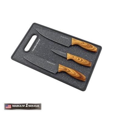 Imagem de Jogo de 3 Facas Inox Hamilton Beach Com Tábua Grey Stone