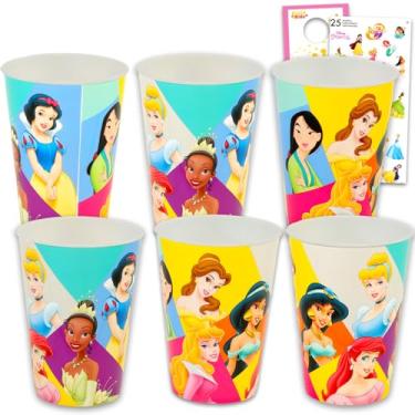 Imagem de Disney Pacote de copo reutilizável Princess de 425 g - Pacote de 6 peças de lembrancinha de festa de princesa com copos de 425 g e adesivos, mais | Copos de água Disney a granel