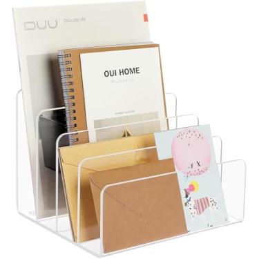 Imagem de MaxGear Organizador de arquivos de acrílico, 4 seções, organizador de arquivos para mesa, organizador de arquivos vertical, suporte de arquivos, projeto de organização de documentos, estação de carregamento de eletrônicos para escritório, casa, transparente