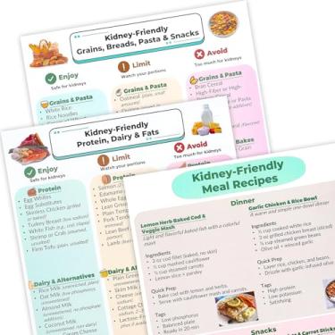 Imagem de Blavvennt Pacote com 3 gráficos de lista de alimentos adequados para os rins - Plano de refeições para dieta de doenças | Suporte de receitas | Hiperoxalúria | Nível de Oxalato - Fósforo de Potássio