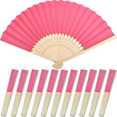 Imagem de Bestage 12 peças de leque de mão dobrável para mulheres, rosa choque decorativo leque de mão dobrável chinês japonês molduras de bambu leques de seda para casamento, dança, lembrancinhas de festa