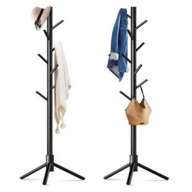 Imagem de OUTGAVA Pacote com 2 cabides de madeira maciça independente com 8 ganchos e 3 alturas ajustáveis, árvore de revestimento de montagem simples para chapéus, bolsas, suporte de cabide de madeira para