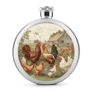 Imagem de Cantil clássico com estampa de galinhas e fazenda, frasco de aço inoxidável para licor, frasco de bolso de 142 g
