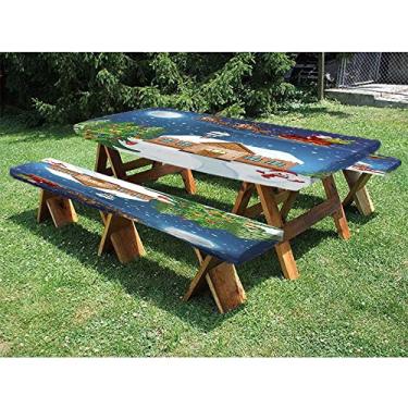 Imagem de Toalha de mesa de piquenique e banco de poliéster de 182,88 cm, cenário clássico de Natal, Papai Noel, presenteia Rudolf, a rena do nariz vermelho, para uso ao ar livre, parque, terraço, 71 x 182 cm,