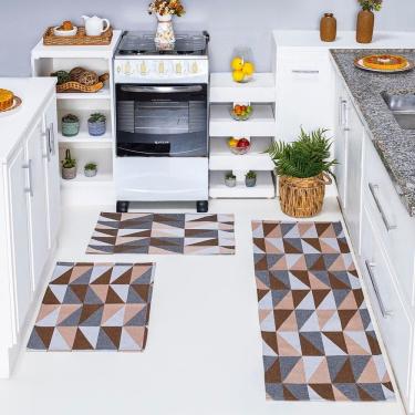 Imagem de Kit Passadeira Tapete Cozinha 3 Peças Jacquard Base Antiderrapante - Losango Avelã