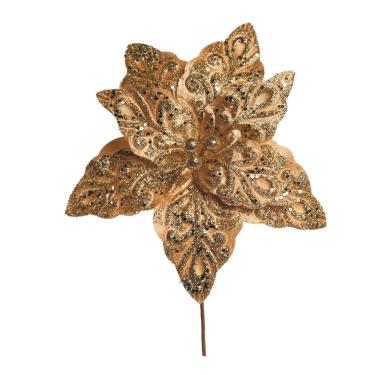 Imagem de Flor Bico de Papagaio Pick Natal Veludo Arabescos Glitter Dourado 28cm - Magizi