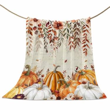 Imagem de Cobertores de outono de ação de graças, cobertor de lã macio de abóbora colheita decorativo para sofá de casa, poltrona, quarto, 101 x 127 cm, flor de laranja, folhas de eucalipto, bege