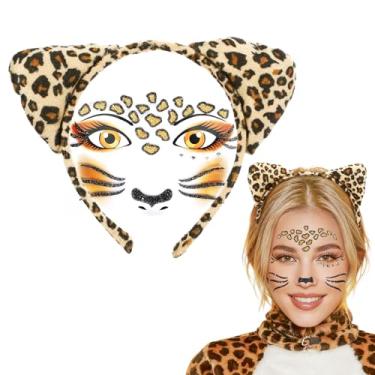 Imagem de Alphatool Faixa de cabeça feminina fofa com orelhas de guepardo com adesivos brilhantes – orelhas com estampa de leopardo de Halloween para espartilho de guepardo, acessórios de animais, fantasias de