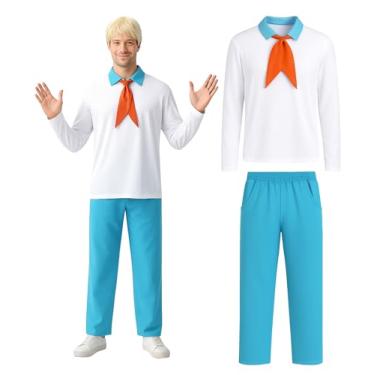 Imagem de Oerinkend Conjunto de fantasia masculina de Halloween – camisa branca, calça e peruca loira para festas à fantasia e cosplay, Branco, G