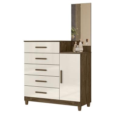 Imagem de Cômoda Para Quarto 104cm Com Espelho Kyra Castanho Wood/Off Z17 - Mpozenato
