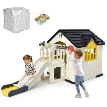 Imagem de Casinha Infantil para Área Externa 7 em 1 com Cesta de Basquete, Escorregador e Capa à Prova D`água, Costzon, Branca e Amarela
