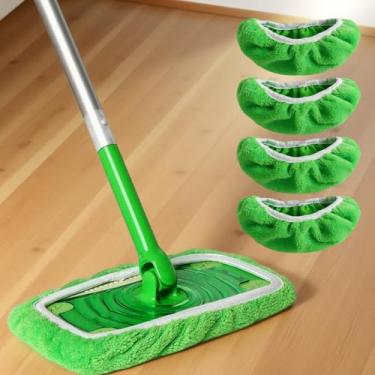 Imagem de Pacote com 4 almofadas de esfregão reutilizáveis, refis de limpeza de piso de microfibra laváveis para uso úmido e seco, panos de cabeça de esfregão para limpeza doméstica