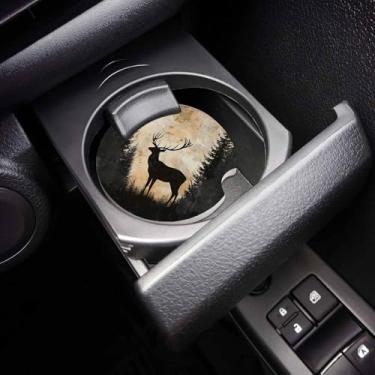 Imagem de Conjunto de 2 porta-copos rústicos de cervo preto para carro, animais do campo vintage, pedra de cerâmica, absorvente de floresta, com entalhe de dedo para facilitar a remoção do porta-copo automotivo