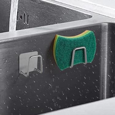 Imagem de 2 suportes de esponja para pia de cozinha, suporte de esponja adesivo forte, suporte forte à prova de ferrugem e à prova d'água para pia de cozinha - aço inoxidável, secagem rápida (prata)