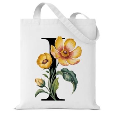 Imagem de Sacola de lona inicial I para mulheres, girassol, letra I, personalizada, reutilizável, bolsa de ombro para compras, viagens, praia, trabalho, presentes com monograma, sacolas estilosas