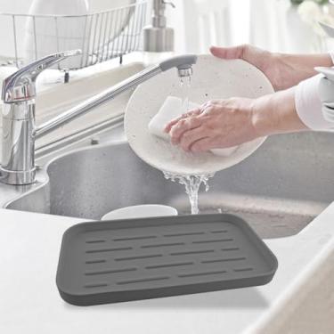 Imagem de Bandeja organizadora de pia de cozinha de silicone para uso múltiplo, suporte de esponjas ecológico para balcão ou pia de banheiro, dispensador de sabonete, esfregão, garrafa, copo (cinza, 25 cm × 5,7