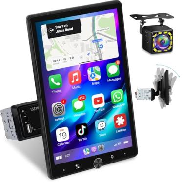 Imagem de EKAT Rádio Carplay Single Din com Android Auto sem fio – Rádio giratório de tela sensível ao toque de 10,4 polegadas com EQ, FM RDS, link espelhado, saída de vídeo, controle de volante + câmera de