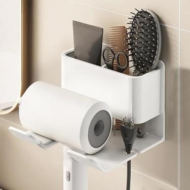 Imagem de Suporte para secador de cabelo com armazenamento, armazenamento de secador de cabelo, gancho de parede, cesta, suporte para secador de cabelo, armazenamento de secador de cabelo, montagem na parede