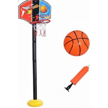 Imagem de Tabela de Basquete Infantil com Bola e Bomba, Altura Ajustável, Base Amarela, Quadro Decorativo Vermelho e Azul, Kit Completo para Crianças